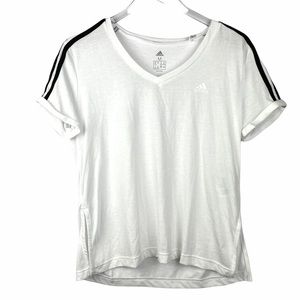 Adidas Women's White Three Shoulder Stripe V-Neck Rolled Cuff T-Shirt Size M